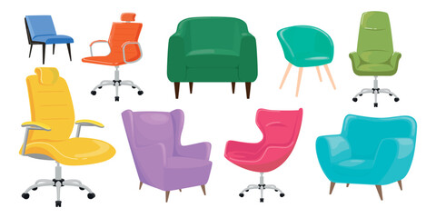 Set of comfortable modern armchairs in cartoon style. Vector illustration of colored home, office chairs for the workplace of various shapes, types isolated on white background. Interior elements.