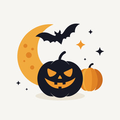 Naklejka premium Halloween Vector Pumpkin Bat Moon White Background Minimal