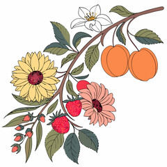 Blooming branch with sunflowers, apricots, strawberries