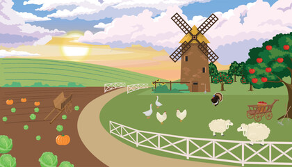 Vector illustration of a rural farm landscape.Cartoon scene of rural hillsides, windmill, fruit trees,bushes,chickens,geese,turkey,sheep, carts, road, land, pumpkins, cabbage, pitchfork, rake, shovel.