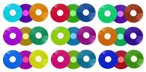 Fototapeta premium Many color vinyl records on white background, collage