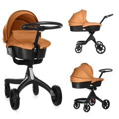 Baby carriage. Modern pram with orange canopy isolated on white, different sides