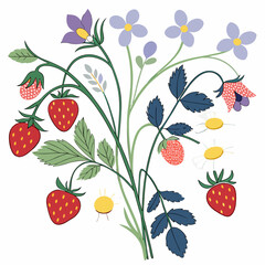 Vibrant strawberry and wildflower bouquet illustration