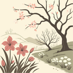 Spring landscape with blooming trees and flowers