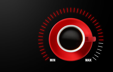 Coffee and power gauge scale on black background, top view. Handle of cup pointing at maximum area. Energizing property of caffeine