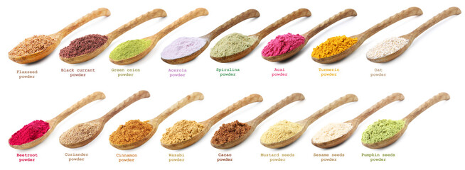 Superfoods. Different powders in spoons and names on white background, set