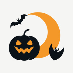 Fototapeta premium Halloween Vector Pumpkin Bat Moon White Background Minimal