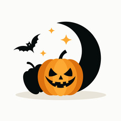 Halloween Vector Pumpkin Bat Moon White Background Minimal