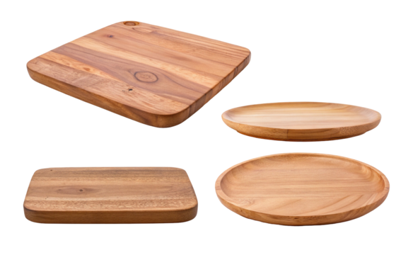 Wooden cutting boards and plates set for kitchen and dining serving food presentation and preparation use