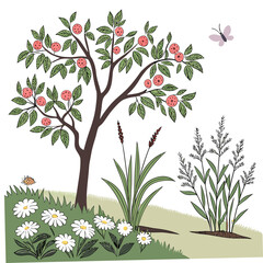 Professional cutout illustration fruit tree daisies butterfly