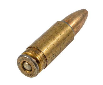 Close up of a single bullet ammunition cartridge on black background for gun and weapon enthusiasts