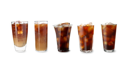Set of refreshing iced coffee drinks isolated on white