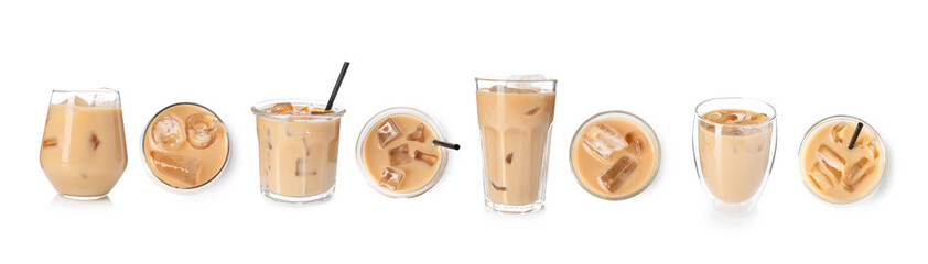 Refreshing iced coffee drinks in different glasses isolated on white, set. Top and side view