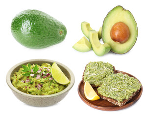Fresh avocado, guacamole and sandwiches isolated on white, collage