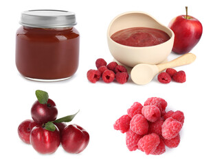 Baby food. Puree and fresh ingredients on white background, collage