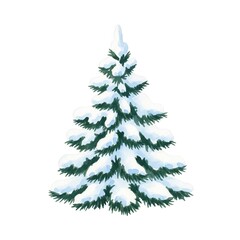 Christmas snow-covered tree depicted in watercolor, isolated on white background.