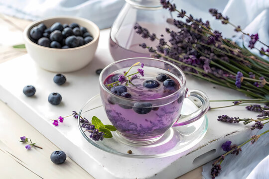 Beautiful herbal infusion with lavender and blueberries in a glass cup. A calming wellness drink on a bright background, perfect for spa, detox, and healthy lifestyle concepts.