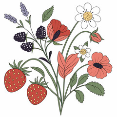 Summer floral bouquet with berries and flowers