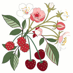 Delicate spring blossoms and ripe berries