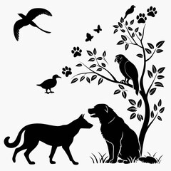 Silhouettes of dogs birds butterflies paw prints tree