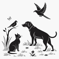 Black silhouettes of dog cat birds and butterflies