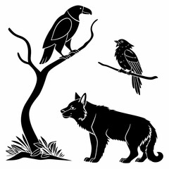 Wolf raven and toucan silhouette wildlife art