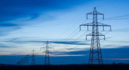 Fototapeta premium Electric towers at sunset serene power lines landscape majestic view