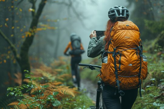 Two cyclists navigating a misty forest trail, highlighting the adventure, exploration, and the appreciation of nature’s beauty in a mysterious and serene environment.