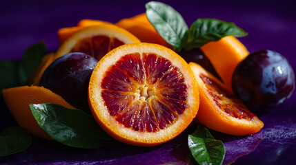 Vibrant Arrangement of Sliced Oranges and Plums