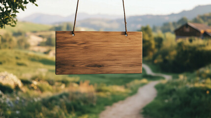 A blank wooden signboard hangs from a post in a tranquil rural landscape.