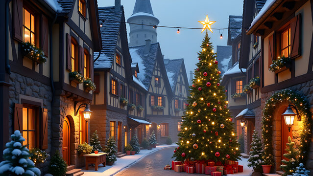 Christmas tree decorating a charming cobblestone street in a medieval village