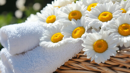 The neatly stacked towels in a woven basket