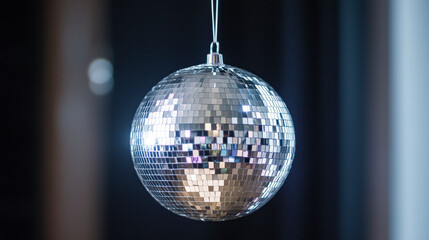A shimmering silver disco ball hangs from a thin string against a dark background
