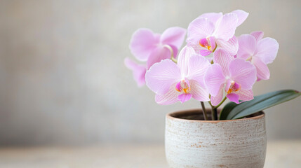 Vibrant orchid blooms in ceramic pot, rustic wood