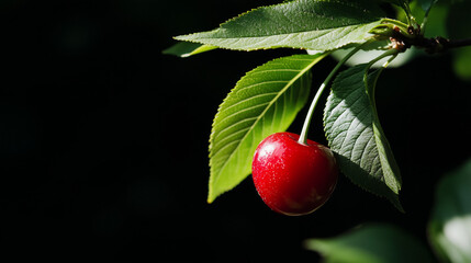 Single ripe cherry with vibrant green leaves, isolated, cherry