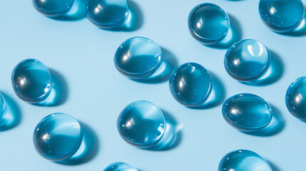 The vibrant blue capsules scattered across a pastel blue background