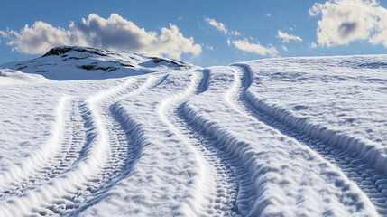 Winter landscape with tire tracks in snow