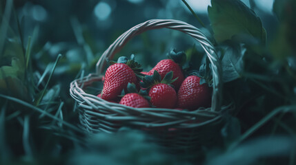 A small wicker basket filled with plump, ripe strawberries