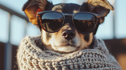 Cool Dog Wearing Sunglasses and Knitted Scarf