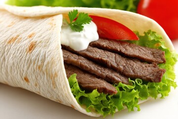 A close-up of a beef wrap with grilled meat, fresh lettuce, tomato, and a dollop of sour cream, garnished with a parsley leaf.