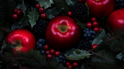 Dark Red Apples, Pine Cones, and Berries Festive Flatlay