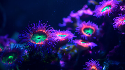 Colorful sea anemones underwater with vibrant purple