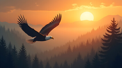 Fototapeta premium Majestic Eagle Soaring Over Misty Forest Landscape During Golden Hour at Dawn with Vibrant Sky and Rolling Fog