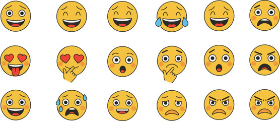 This emoticon pack showcases a vibrant mix of emoji faces in a playful flat design. It includes a range of expressions like smiling, happy, sad, angry, and surprised.