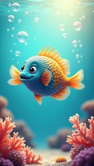Cute Cartoon Fish Swimming in the Ocean