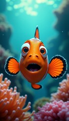 Cute Cartoon Clownfish in Vibrant Coral Reef