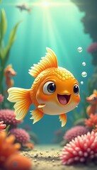 Cute Cartoon Goldfish in Vibrant Underwater Scene