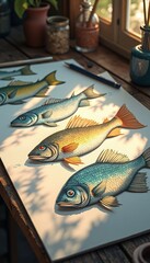 Four Detailed Fish Illustrations on Artist's Table