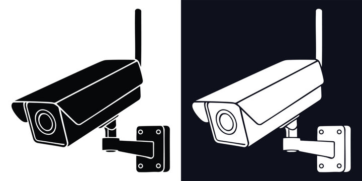 Wireless security camera icons in black and white, depicting a surveillance device with an antenna, perfect for home and business security