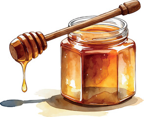 Watercolor honey jar vector. Sweet golden food illustration with artistic texture and dipper detail.